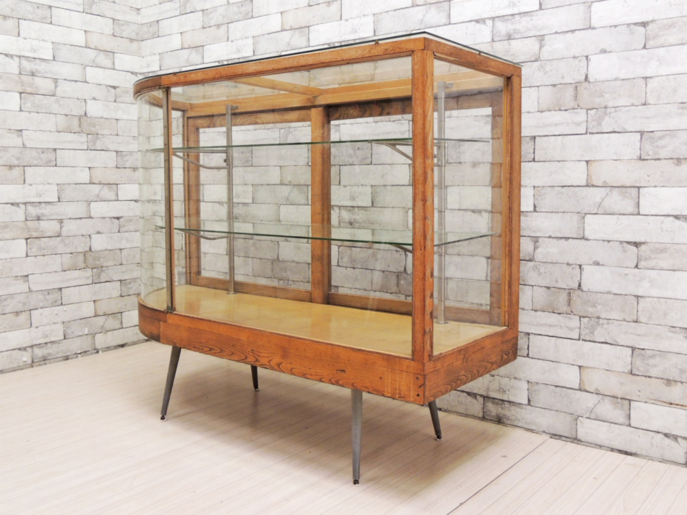 ビンテージ レトロ 古い木製ガラスショーケース 木味 鉄脚付 飾り棚